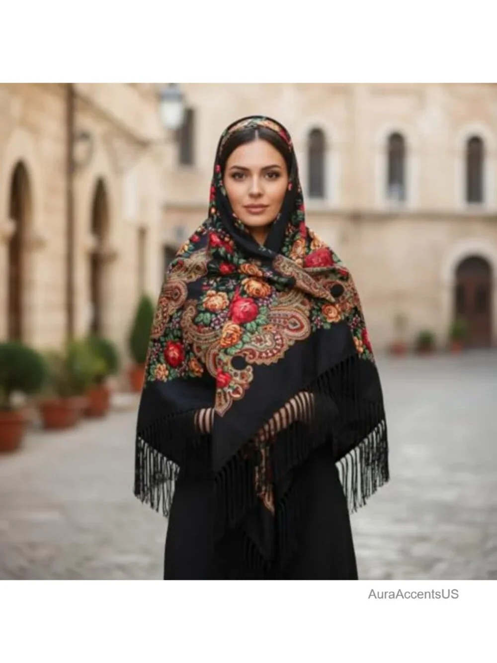 Traditional Folk Scarf with Tassel Fringes Square Shawl Wrap Cape 62x62